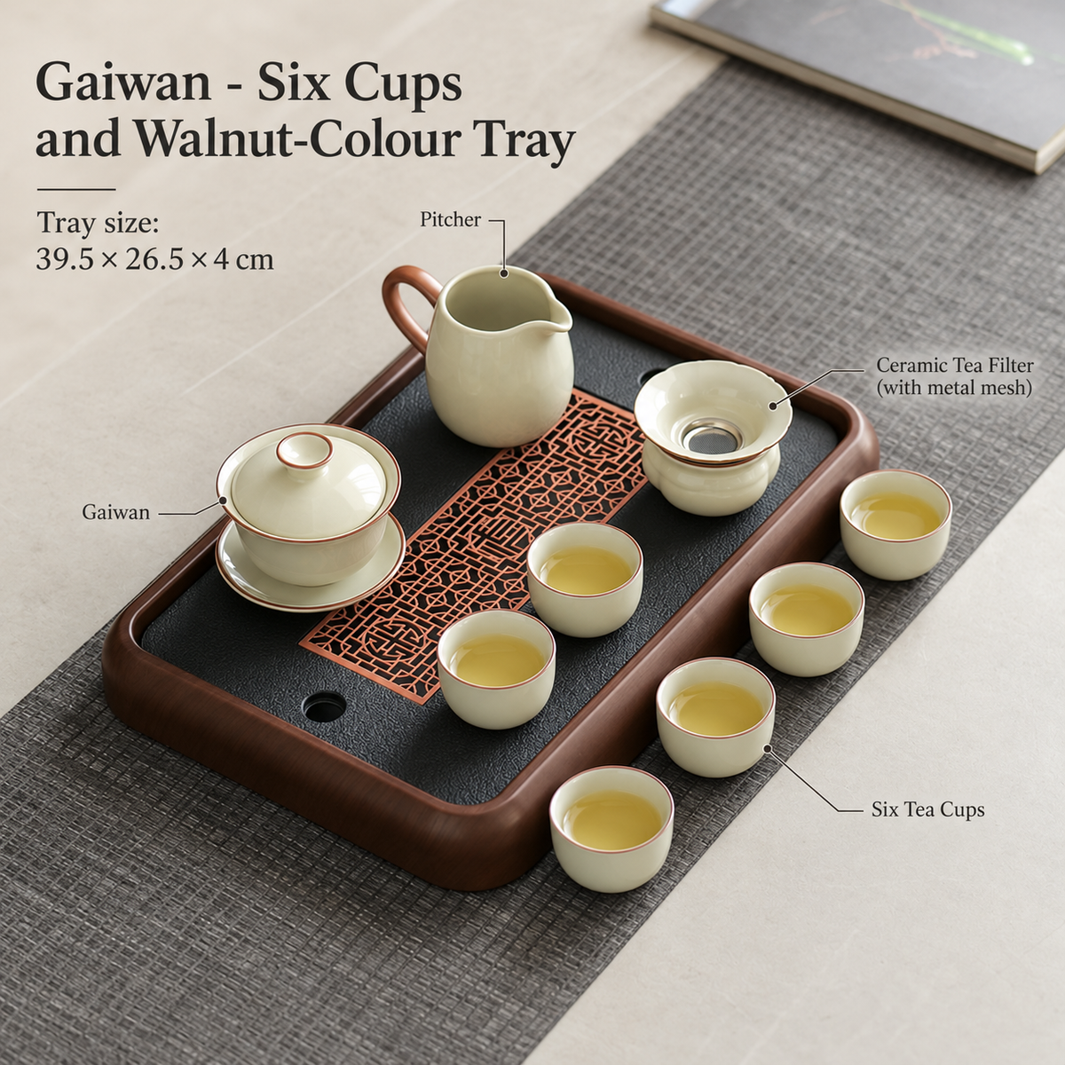 Gaiwan - Six Cups and Walnut-Colour Tray