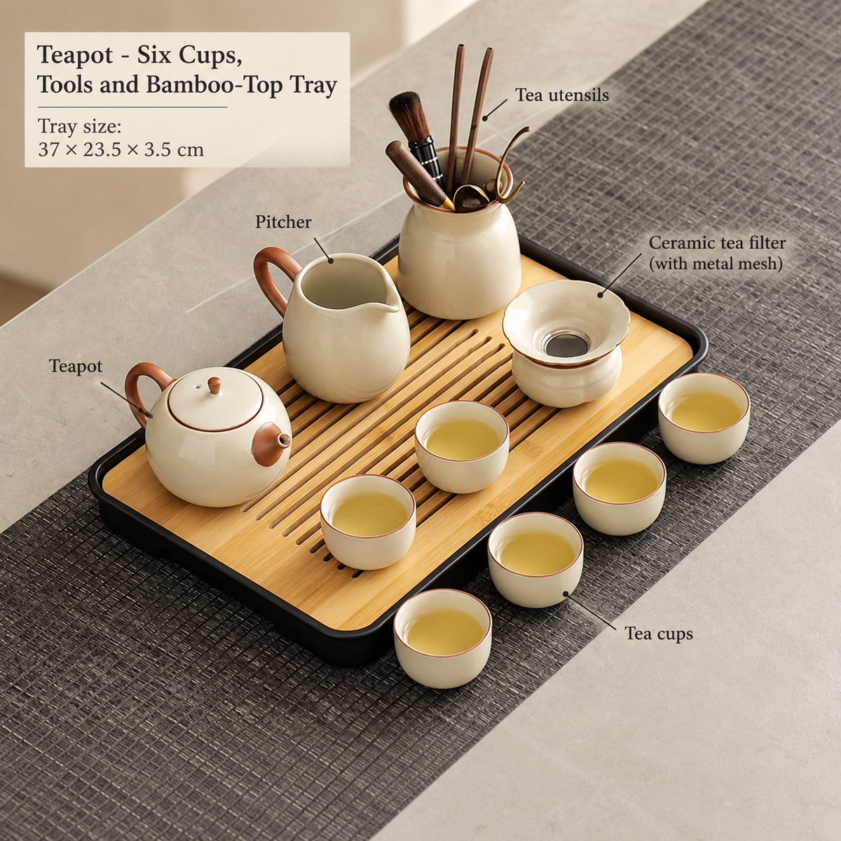 Teapot - Six Cups, Tools and Bamboo-Top Tray