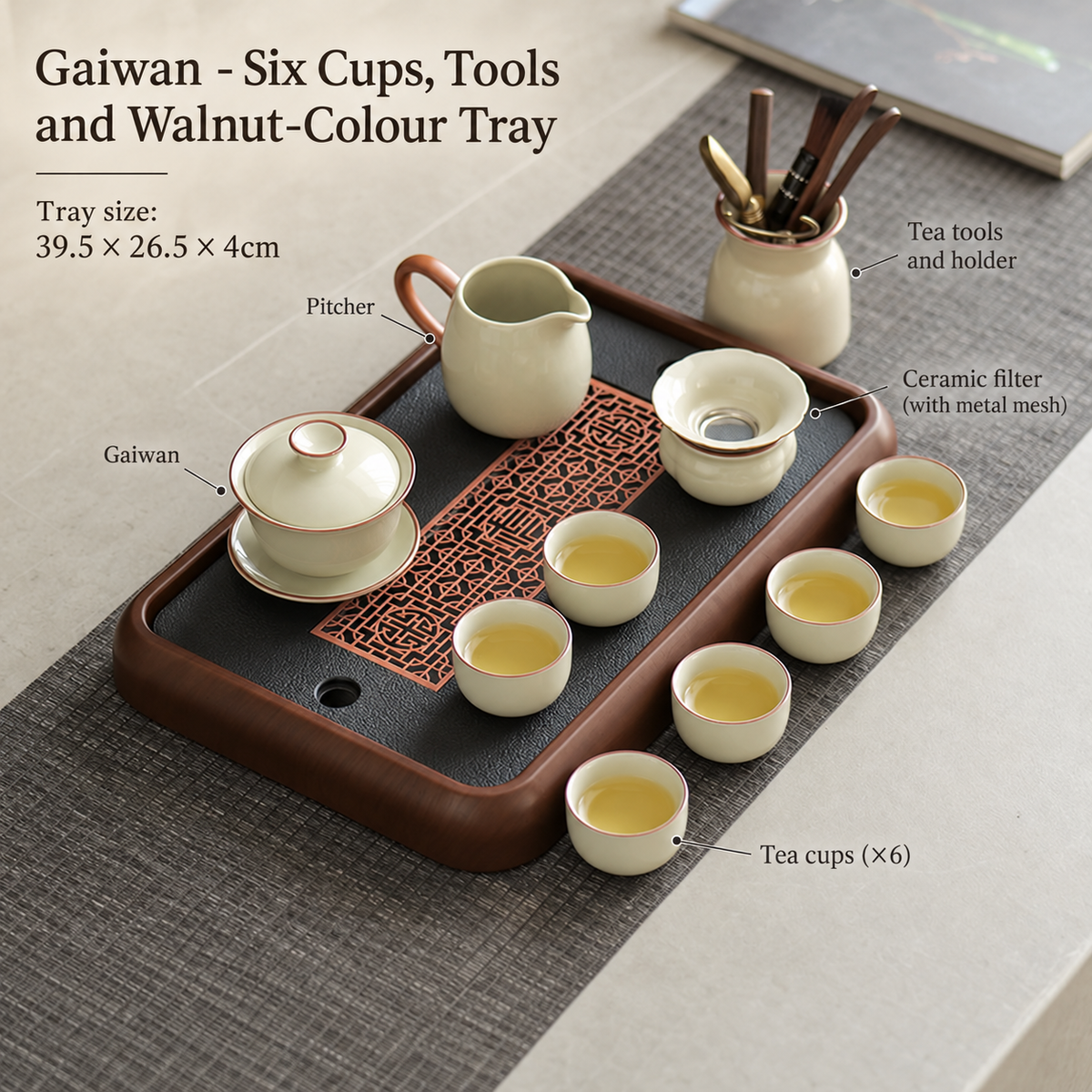 Gaiwan - Six Cups, Tools and Walnut-Colour Tray