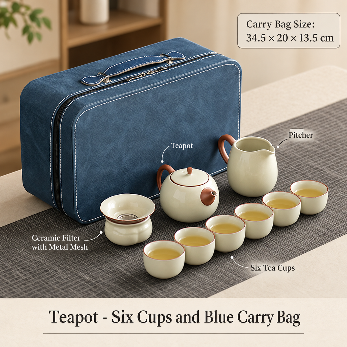 Teapot - Six Cups and Blue Carry Bag