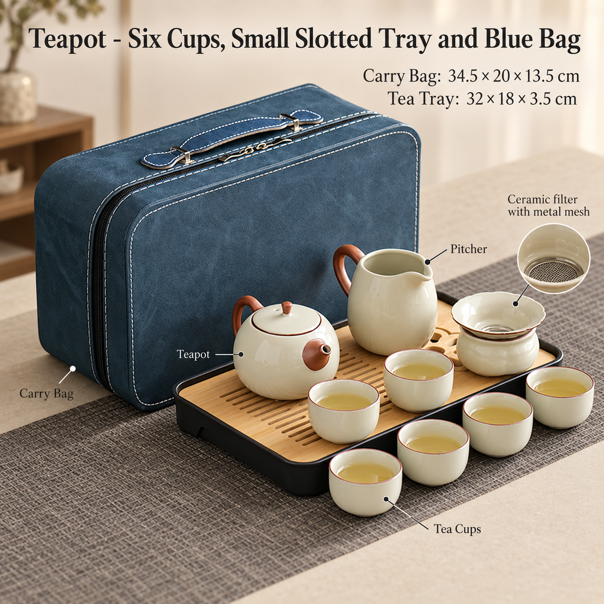 Teapot - Six Cups, Small Slotted Tray and Blue Bag