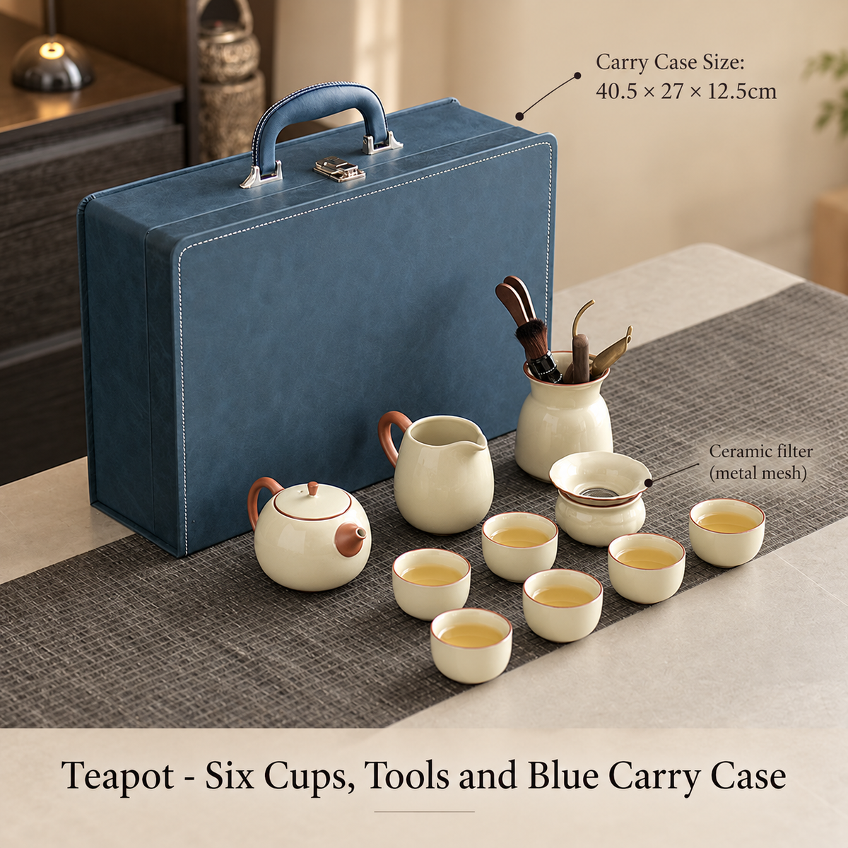 Teapot - Six Cups, Tools and Blue Carry Case