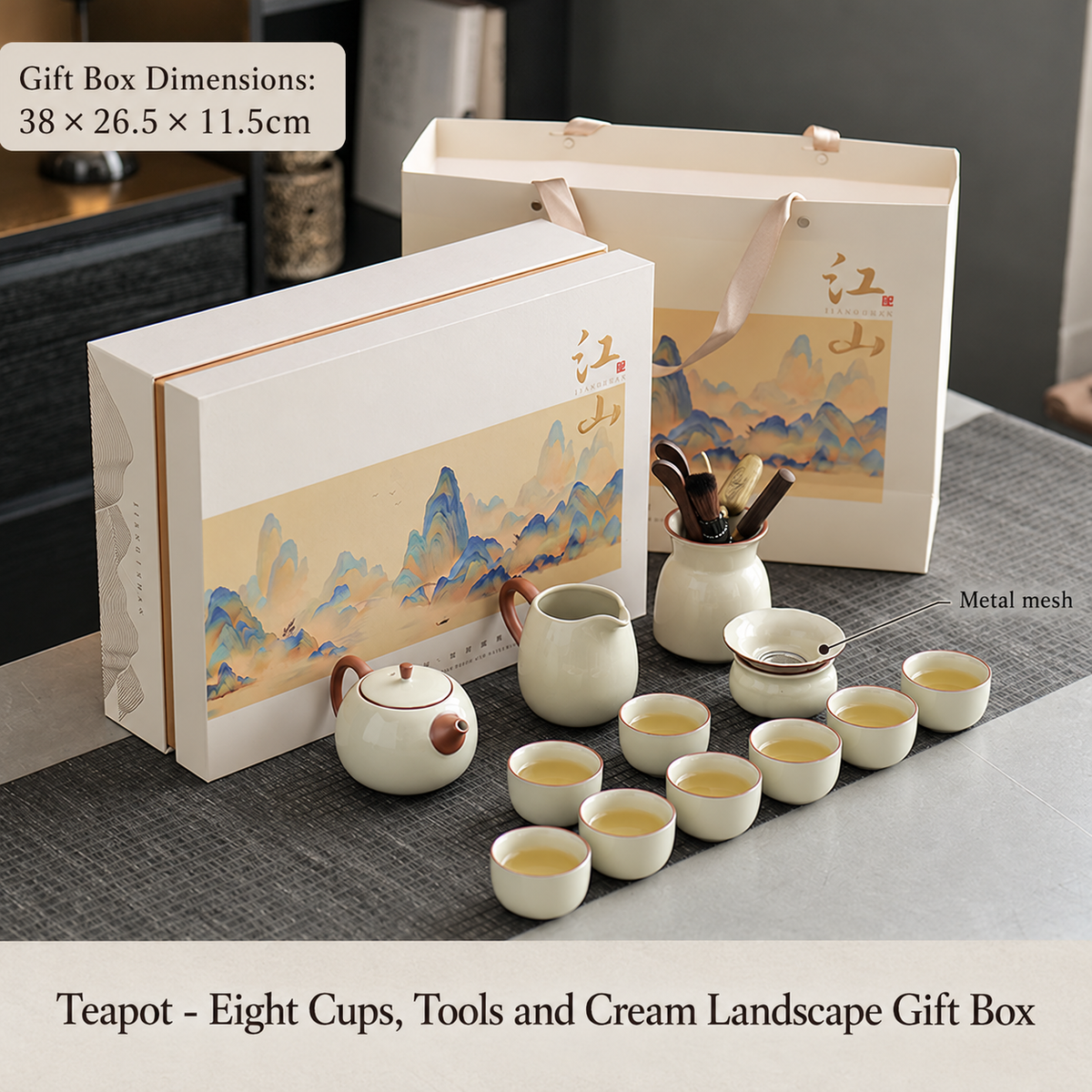 Teapot - Eight Cups, Tools and Cream Landscape Gift Box