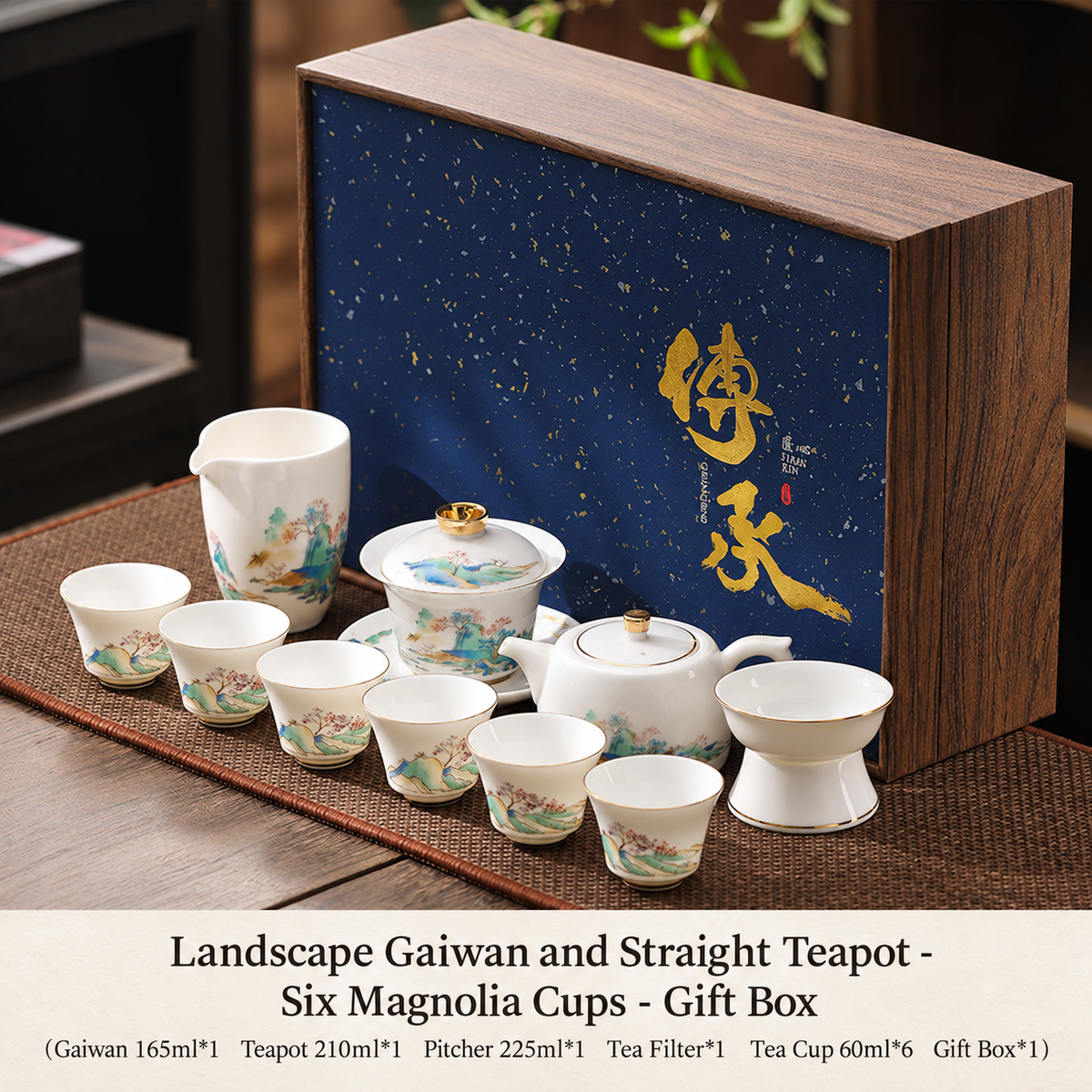 Landscape Gaiwan and Straight Teapot - Six Magnolia Cups - Gift Box
