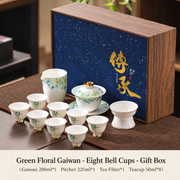 Green Floral Gaiwan - Eight Bell Cups - Gift Box