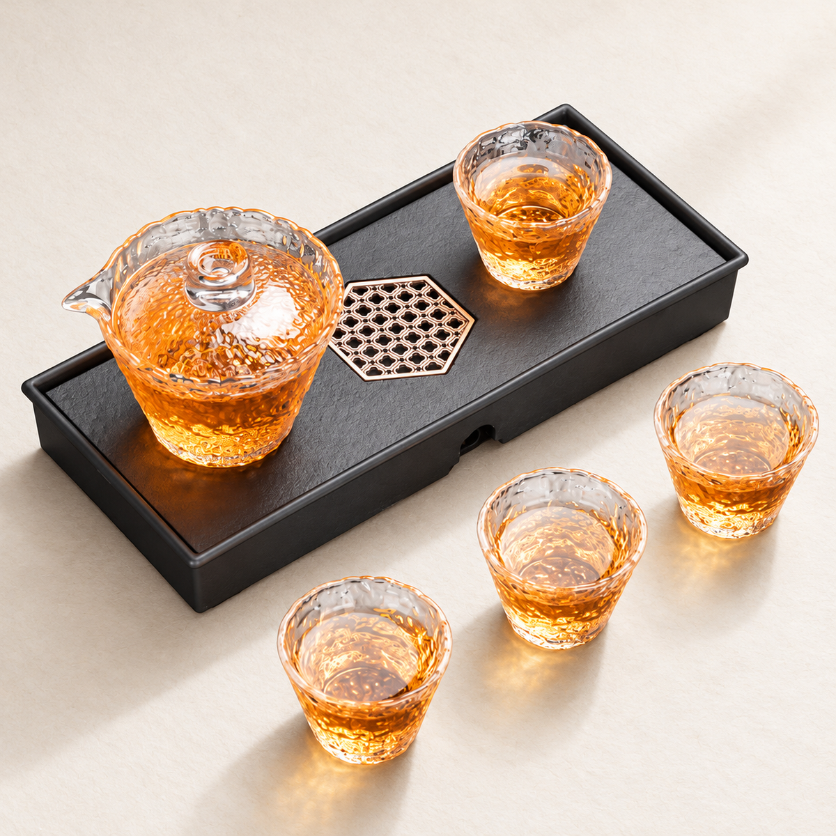 Binglu — Pouring bowl, four cups and hexagon-insert tray