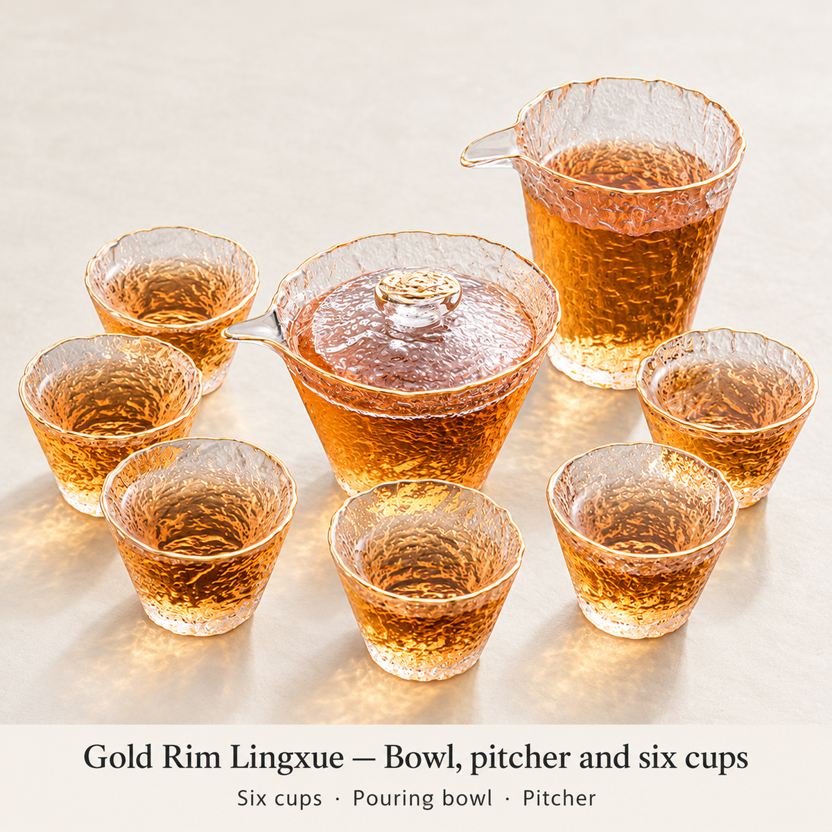 Gold Rim Lingxue — Bowl, pitcher and six cups