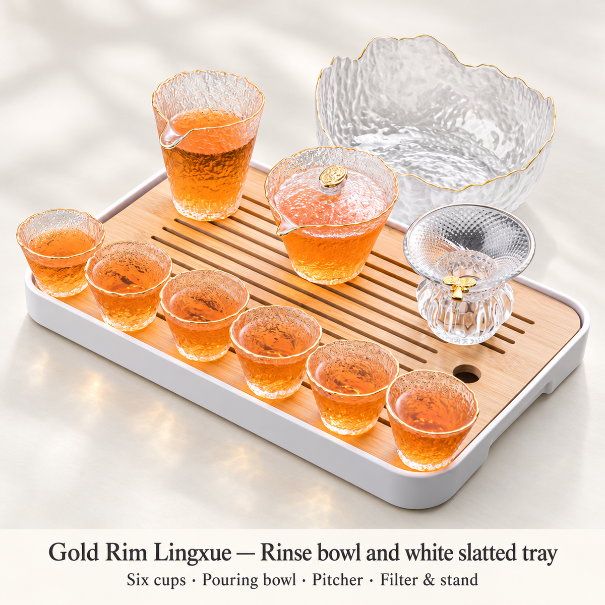 Gold Rim Lingxue — Rinse bowl and white slatted tray