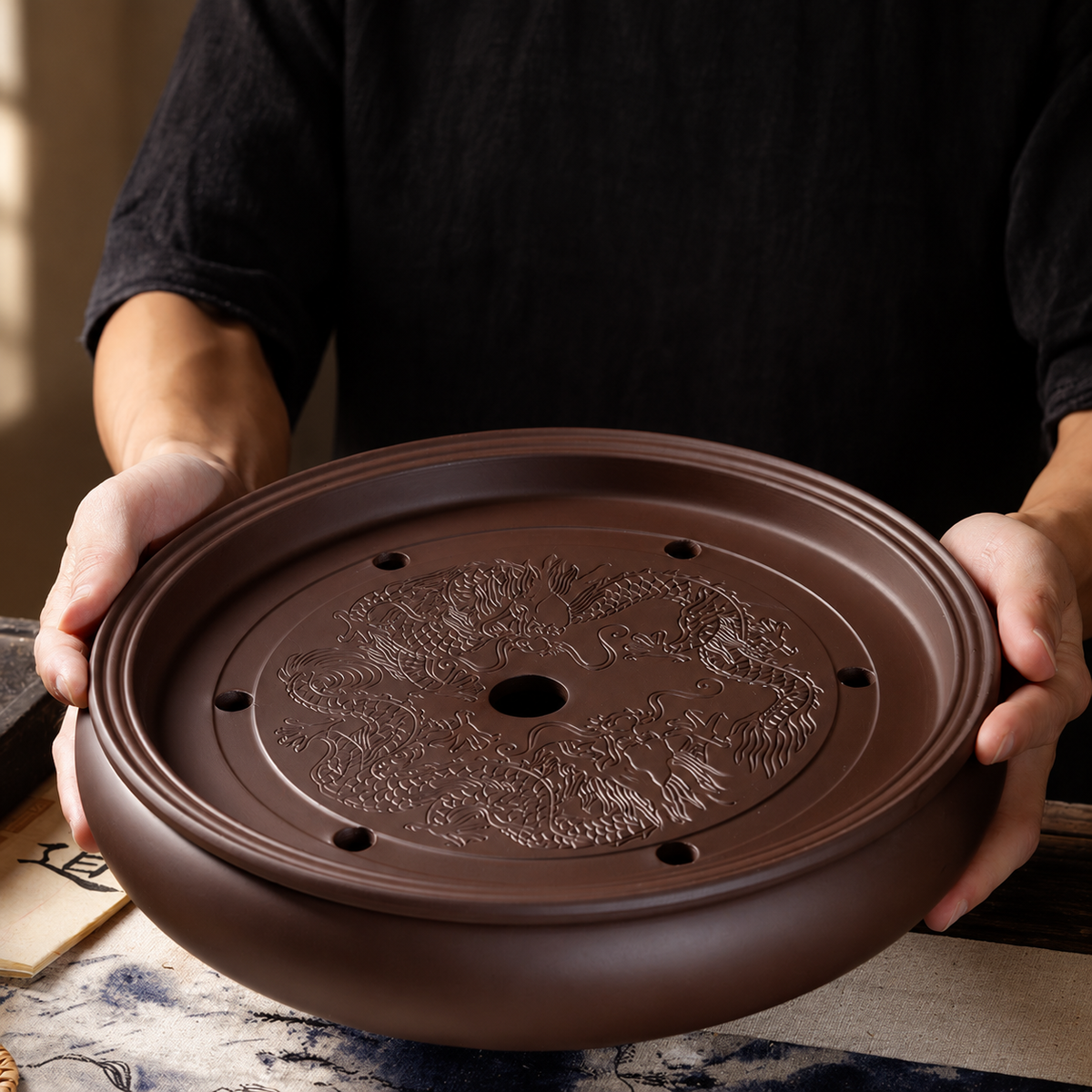 Dragon-Pattern Ceramic Tea Tray — image 1