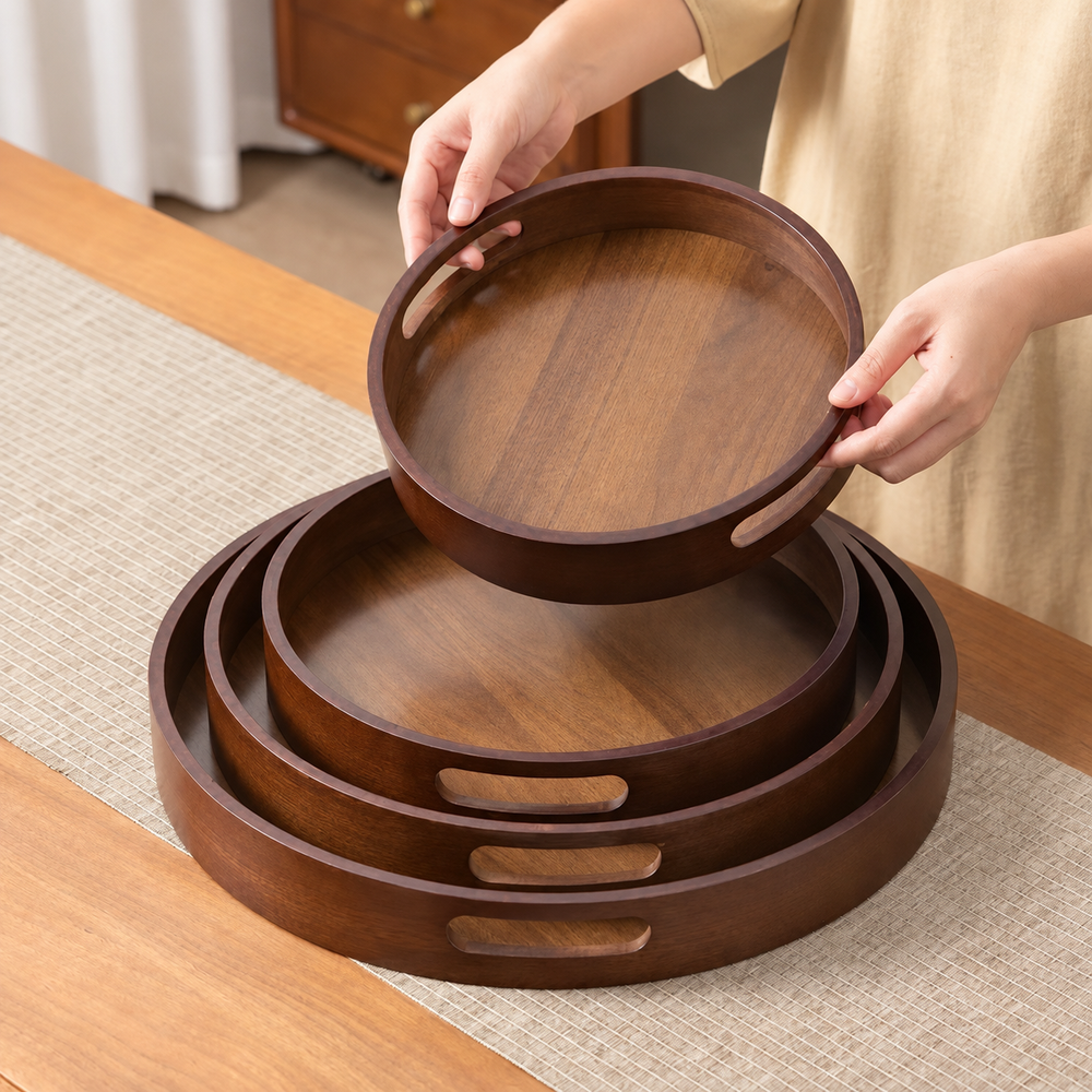 Brown Wood-Grain Round Serving Tray — image 1