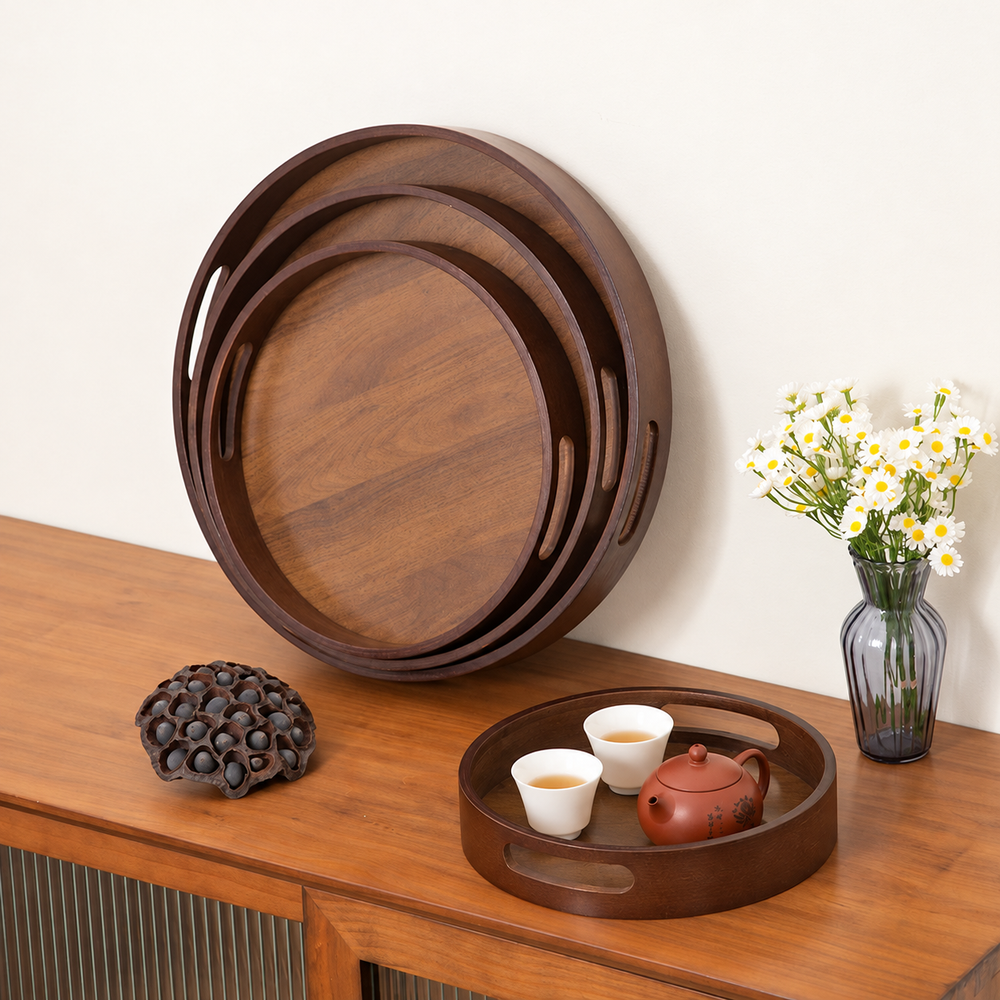 Brown Wood-Grain Round Serving Tray — image 2