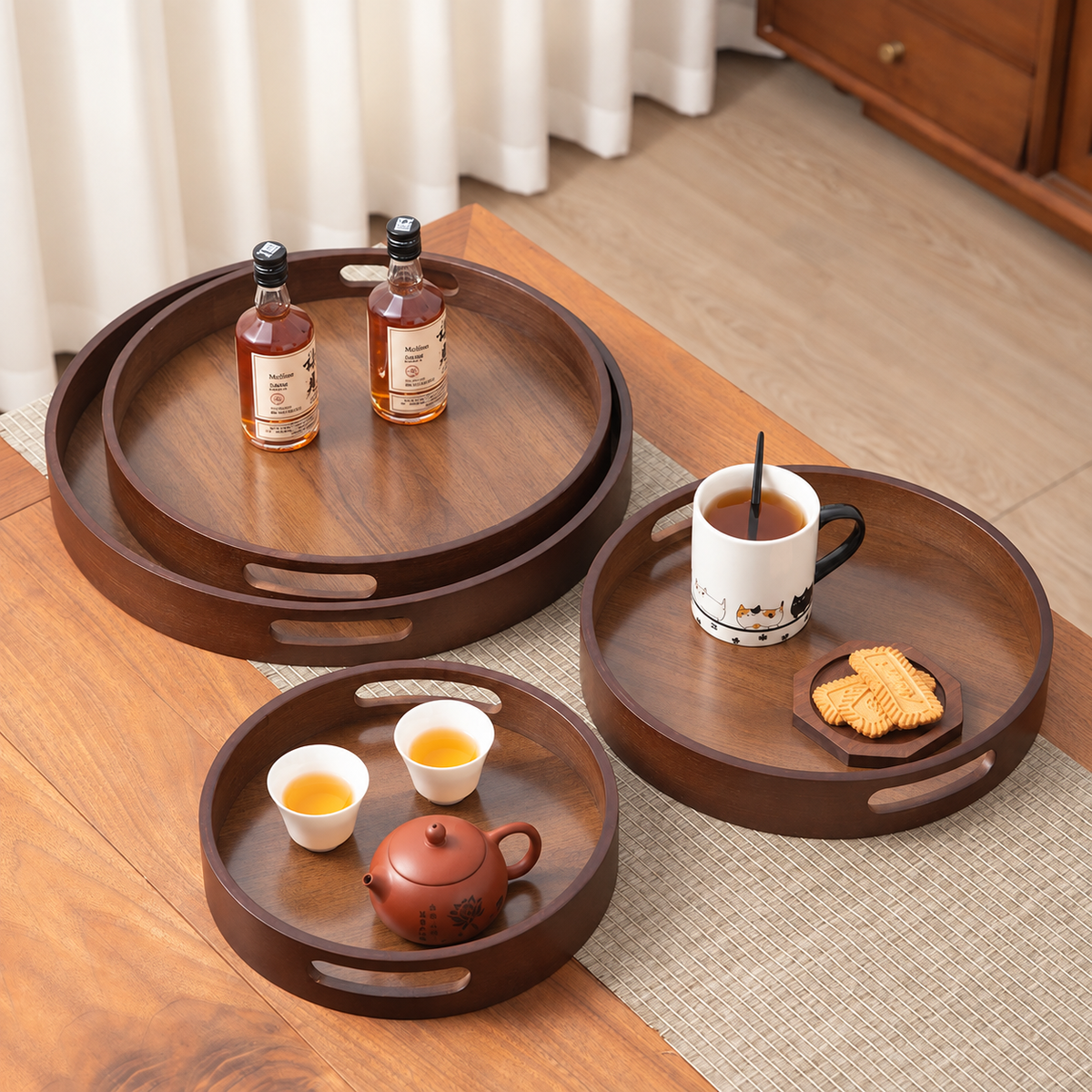 Brown Wood-Grain Round Serving Tray — image 3