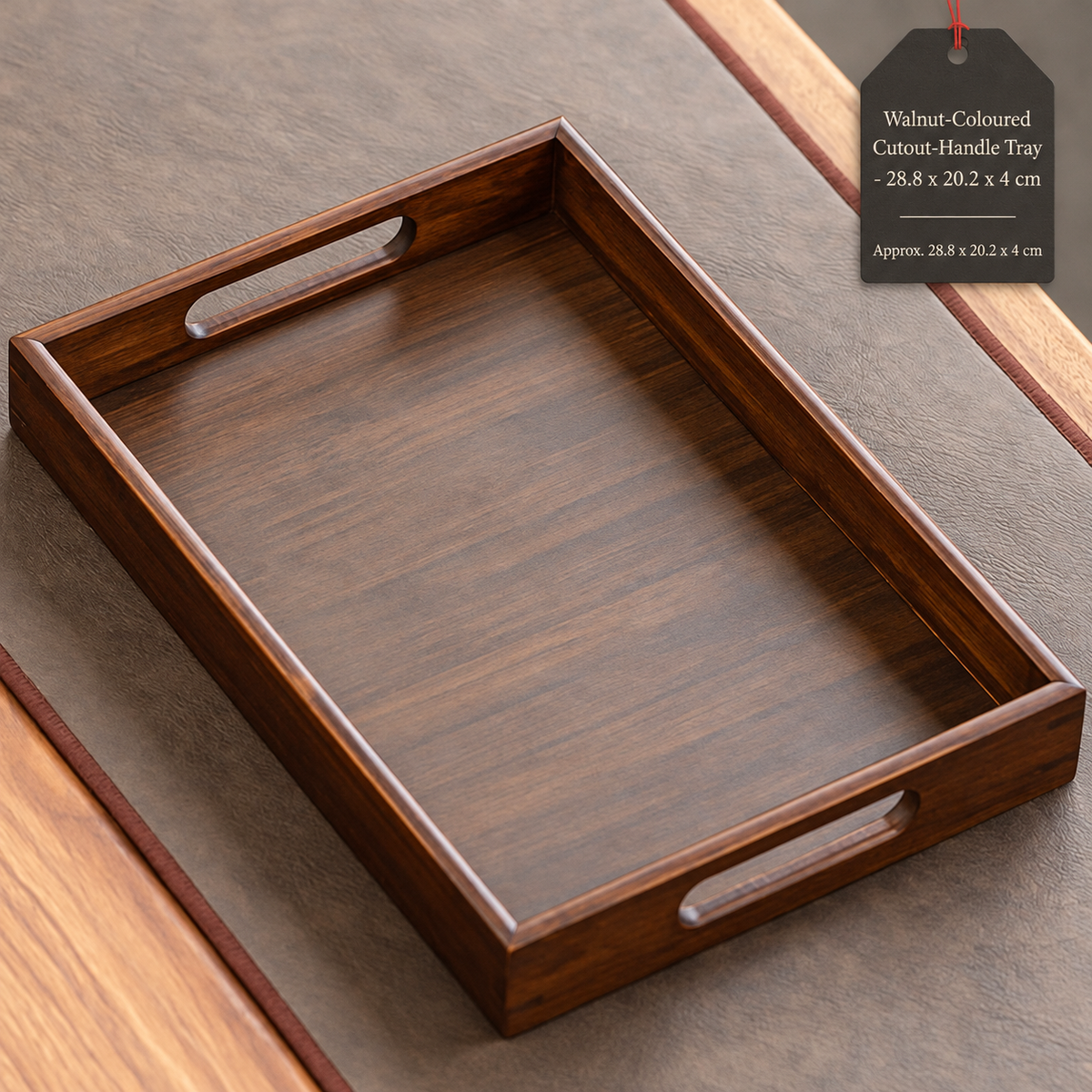 Walnut-Coloured Cutout-Handle Tray - 28.8 x 20.2 x 4 cm