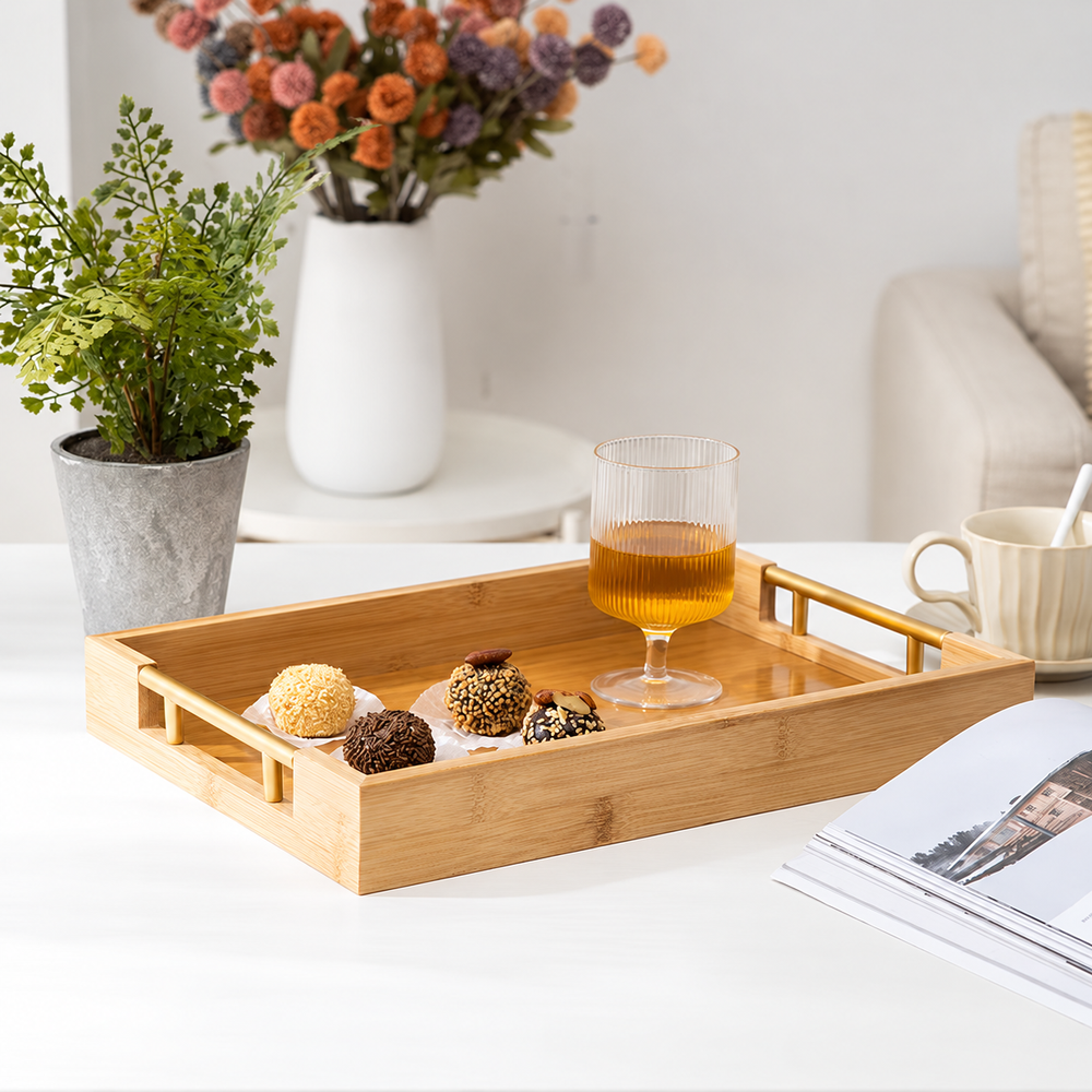 Natural-Tone Serving Tray with Gold-Coloured Handles — image 1