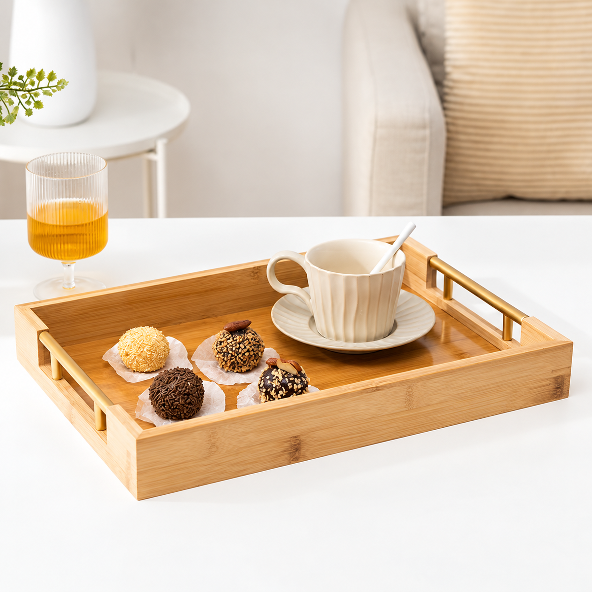 Natural-Tone Serving Tray with Gold-Coloured Handles — image 4