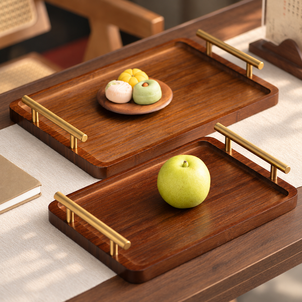 Brown Rectangular Serving Tray with Bar Handles