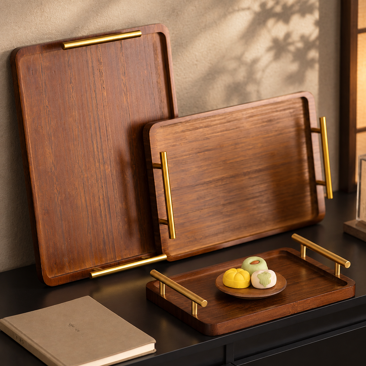Brown Rectangular Serving Tray with Bar Handles — image 6
