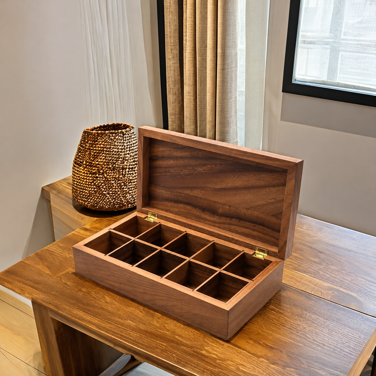 Brown Ten-Compartment Wooden Tea Chest — image 5