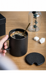 Black Mug with Lid and Spoon