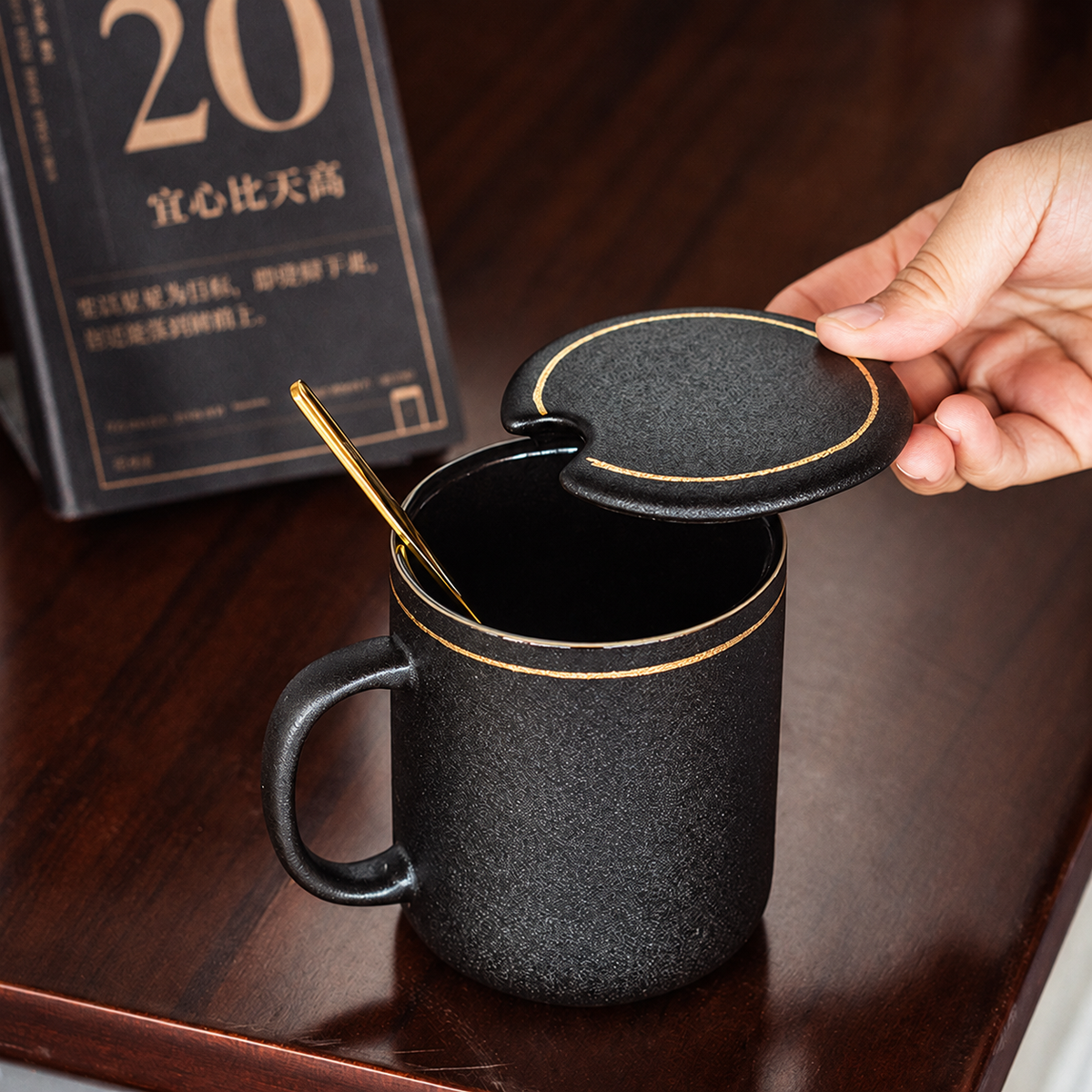 Black Ceramic Mug with Lid and Spoon — image 2