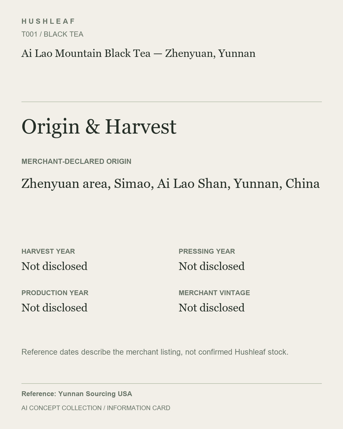 AI concept collection — origin harvest information card — Ai Lao Mountain Black Tea — Zhenyuan, Yunnan