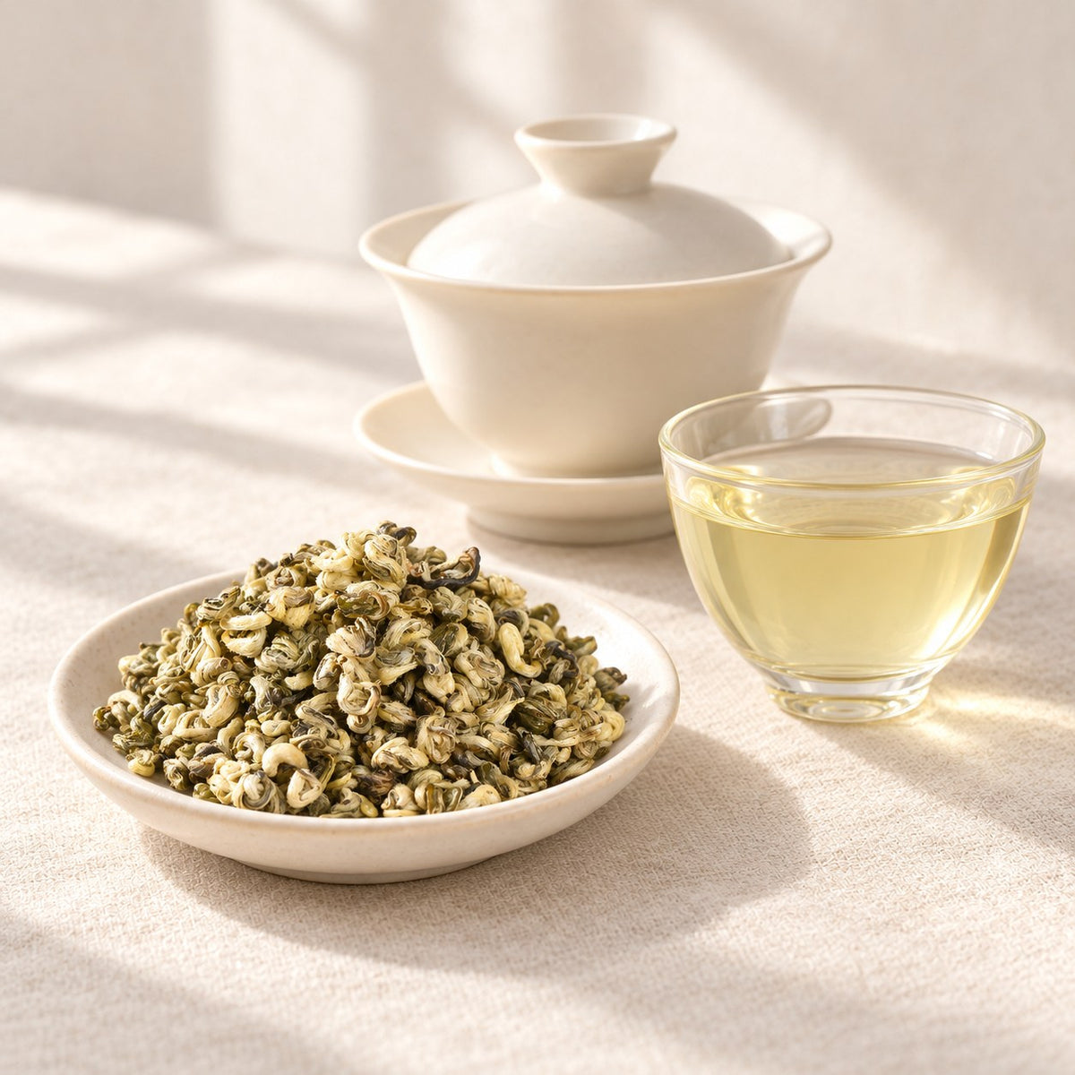 AI brewing scene concept — Pure-Bud Bi Luo Chun Style Green Tea — Mojiang, Yunnan