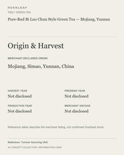 AI concept collection — origin harvest information card — Pure-Bud Bi Luo Chun Style Green Tea — Mojiang, Yunnan