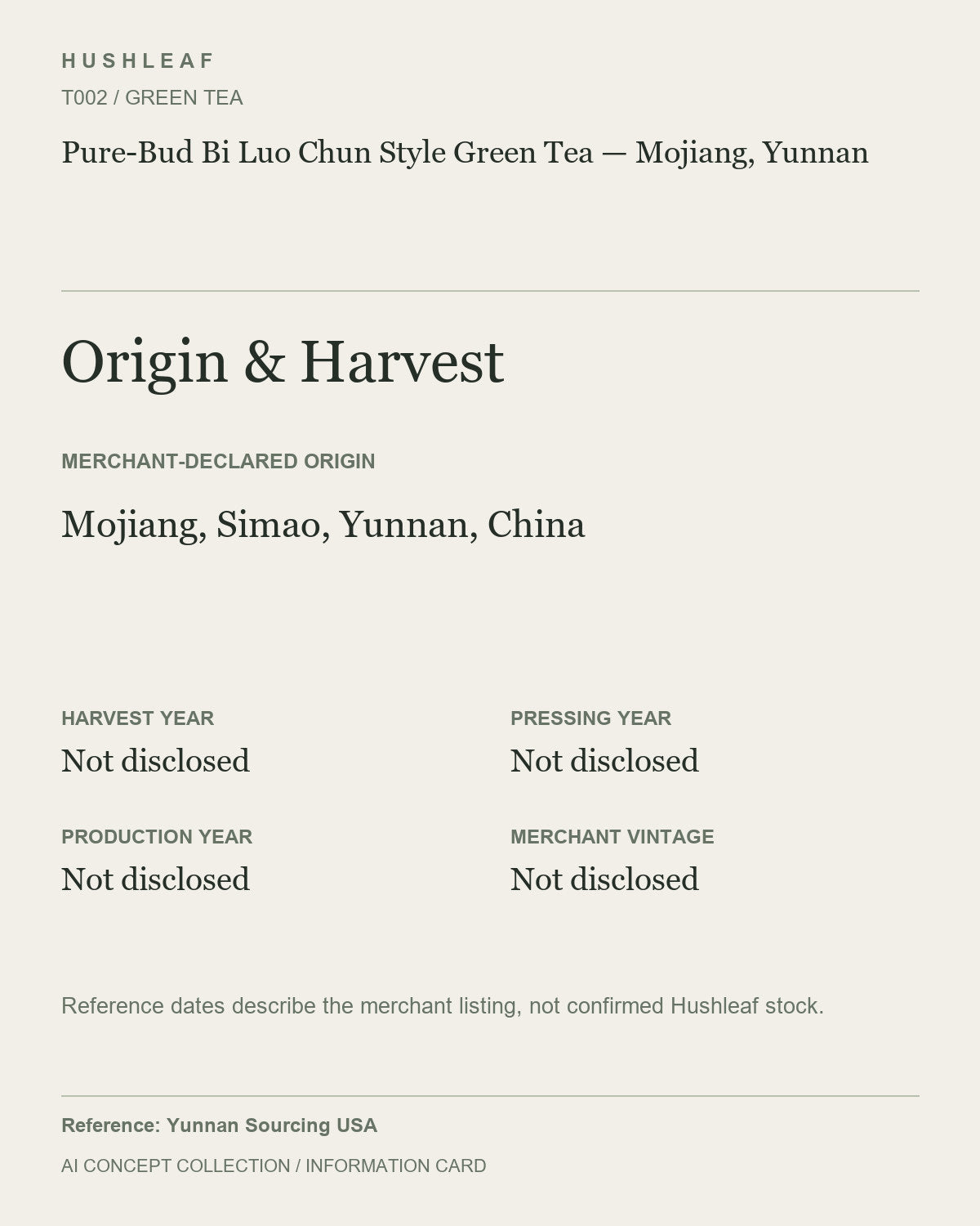 AI concept collection — origin harvest information card — Pure-Bud Bi Luo Chun Style Green Tea — Mojiang, Yunnan