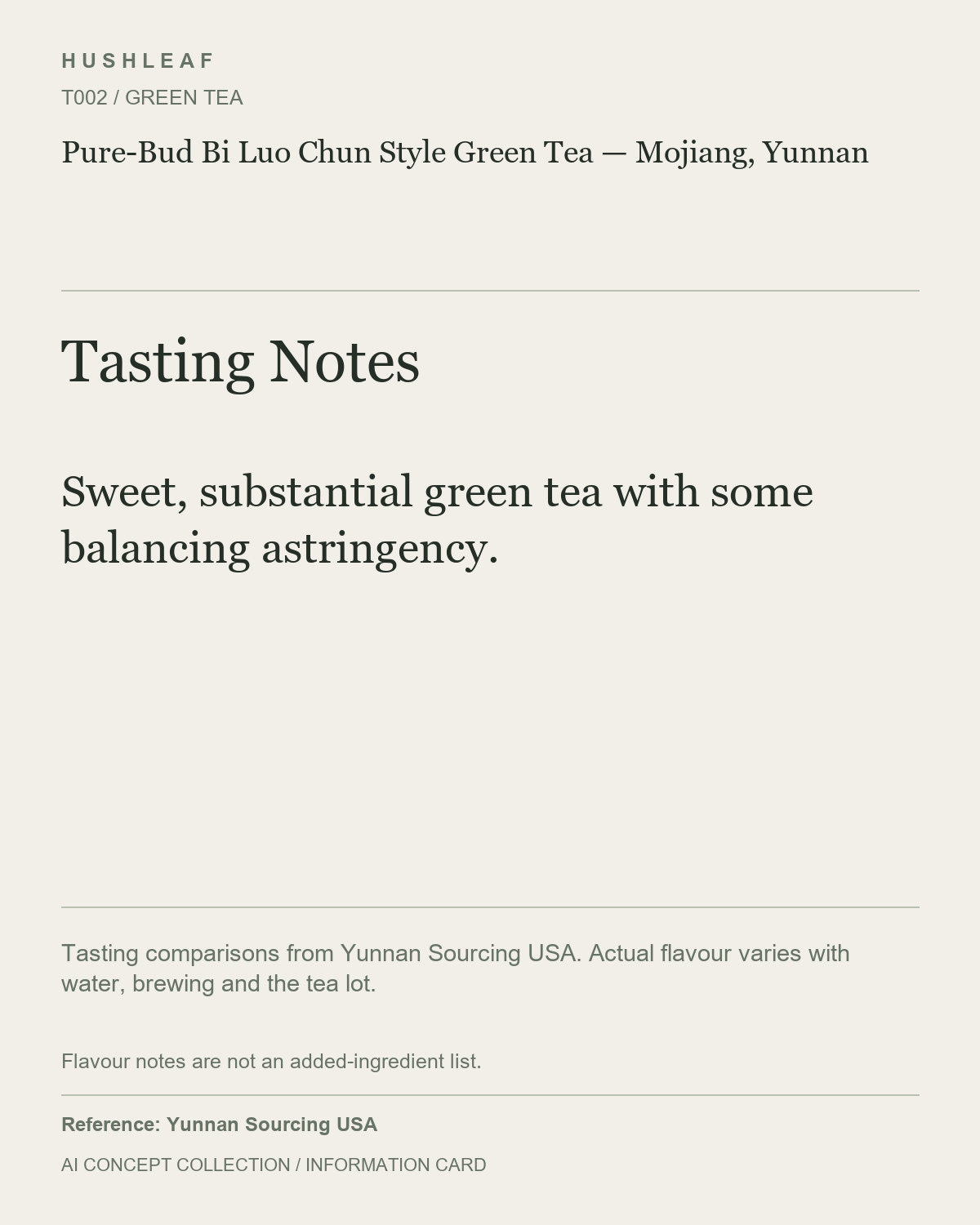 AI concept collection — tasting information card — Pure-Bud Bi Luo Chun Style Green Tea — Mojiang, Yunnan
