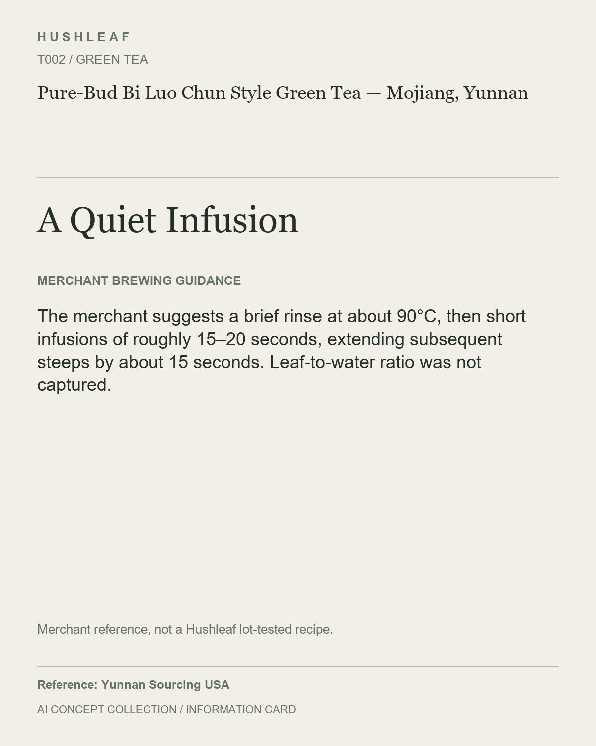 AI concept collection — brewing information card — Pure-Bud Bi Luo Chun Style Green Tea — Mojiang, Yunnan