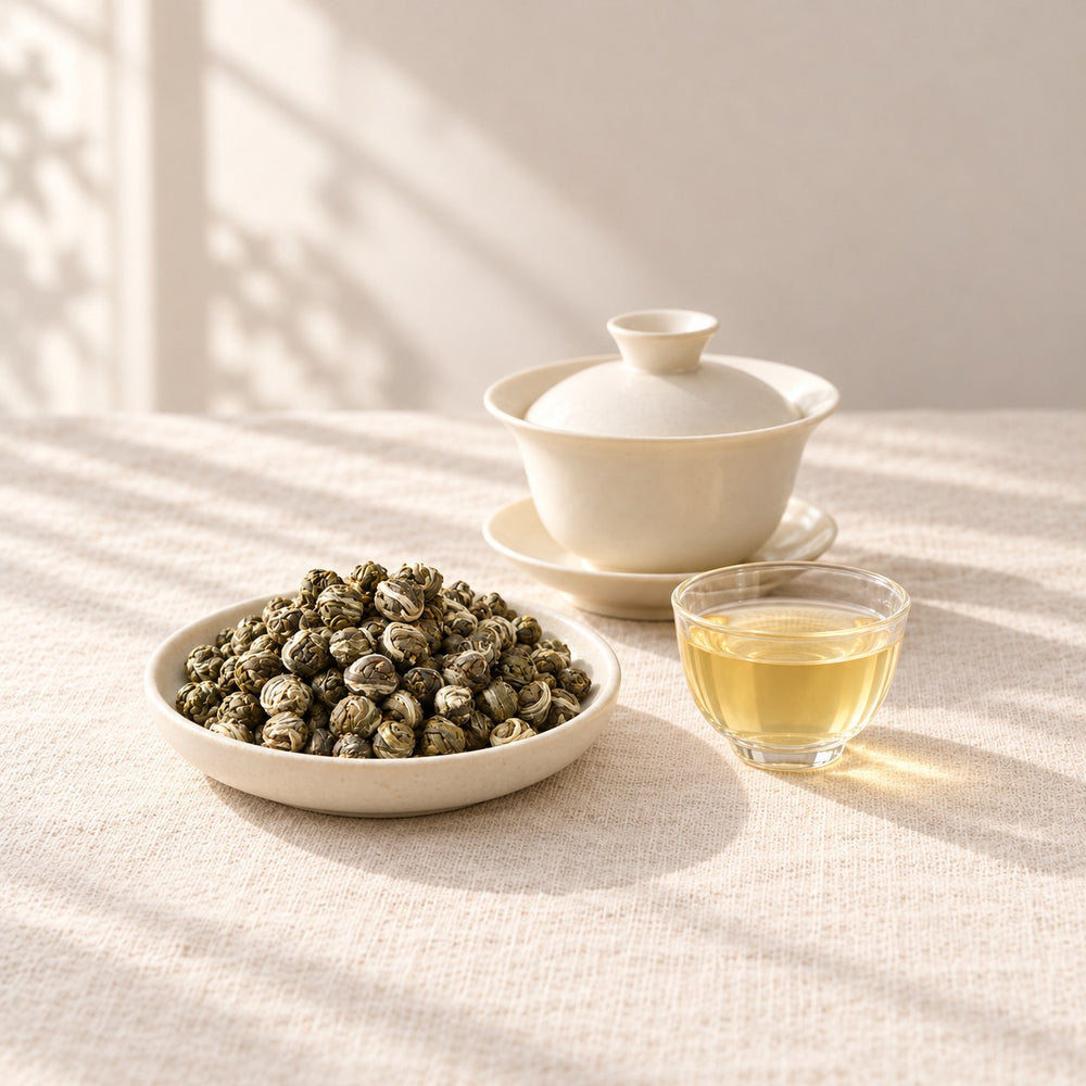 AI brewing scene concept — Jasmine Pearls Green Tea — Fuding Tea and Guangxi Jasmine