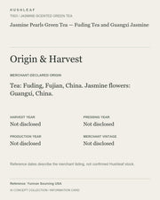 AI concept collection — origin harvest information card — Jasmine Pearls Green Tea — Fuding Tea and Guangxi Jasmine