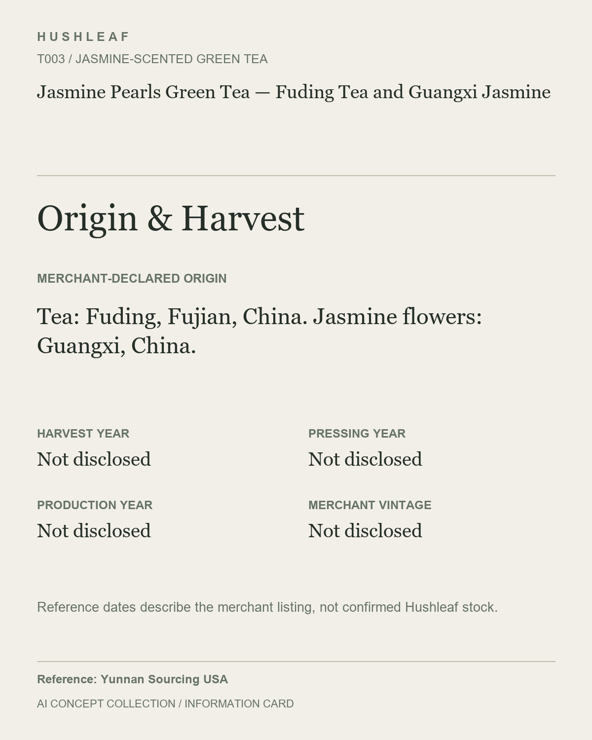 AI concept collection — origin harvest information card — Jasmine Pearls Green Tea — Fuding Tea and Guangxi Jasmine