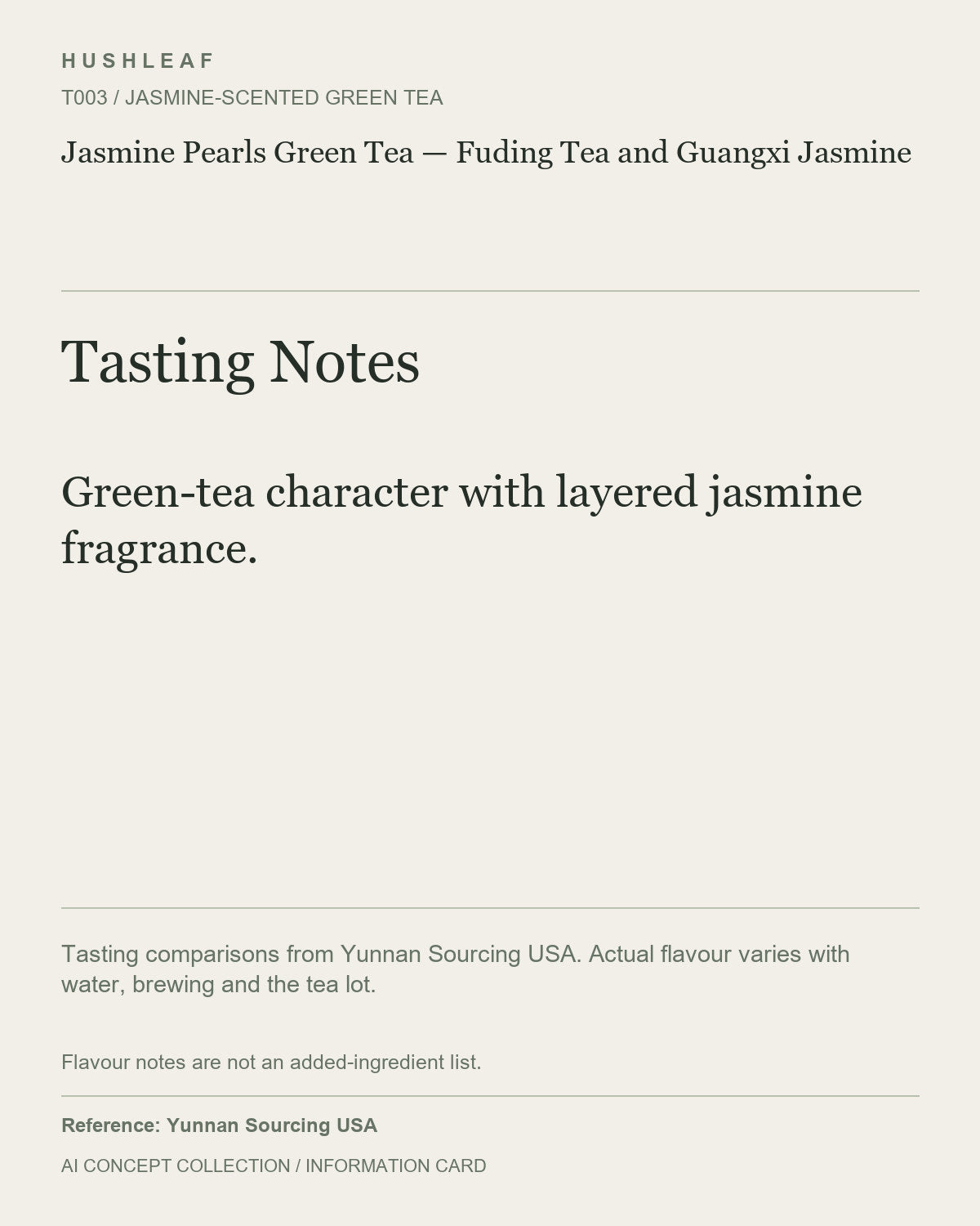 AI concept collection — tasting information card — Jasmine Pearls Green Tea — Fuding Tea and Guangxi Jasmine