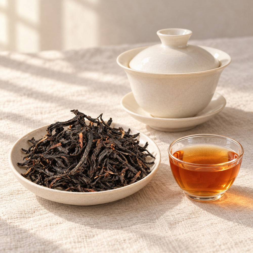 AI brewing scene concept — Yi Mei Ren Black Tea — Wuliang Mountain, Yunnan