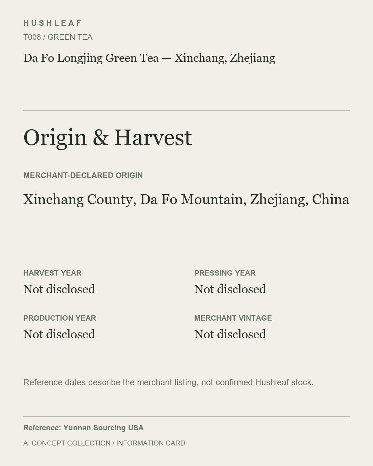 AI concept collection — origin harvest information card — Da Fo Longjing Green Tea — Xinchang, Zhejiang