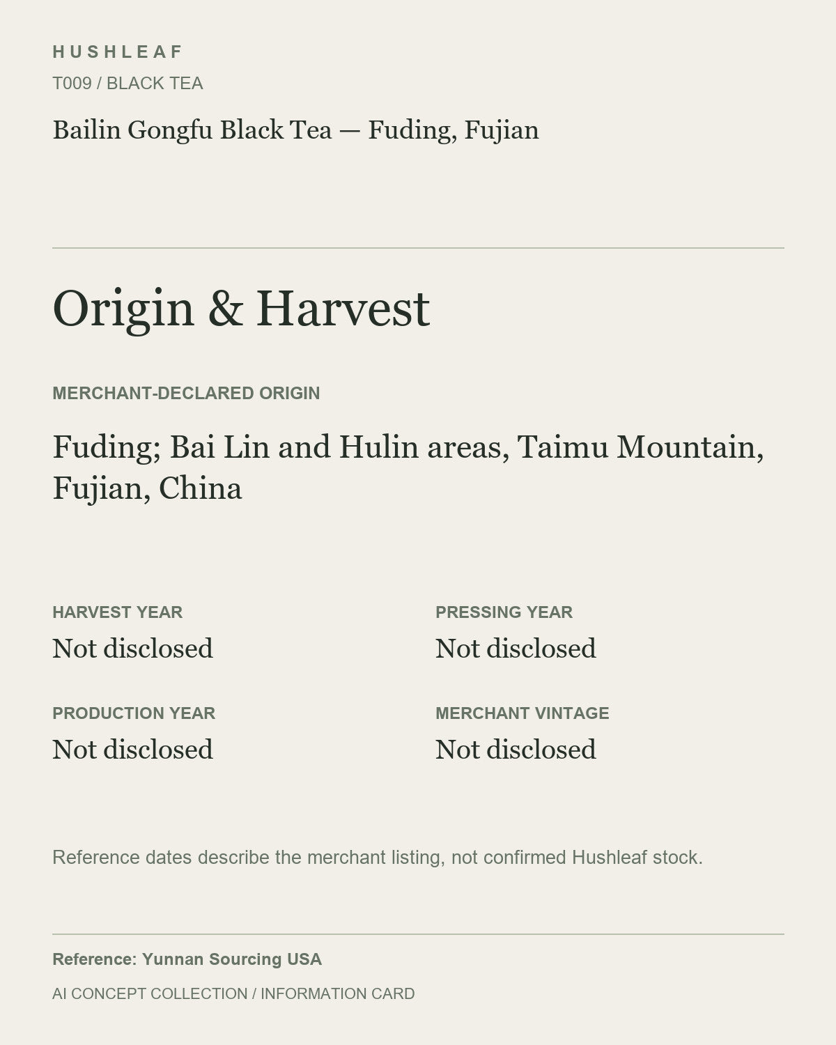 AI concept collection — origin harvest information card — Bailin Gongfu Black Tea — Fuding, Fujian