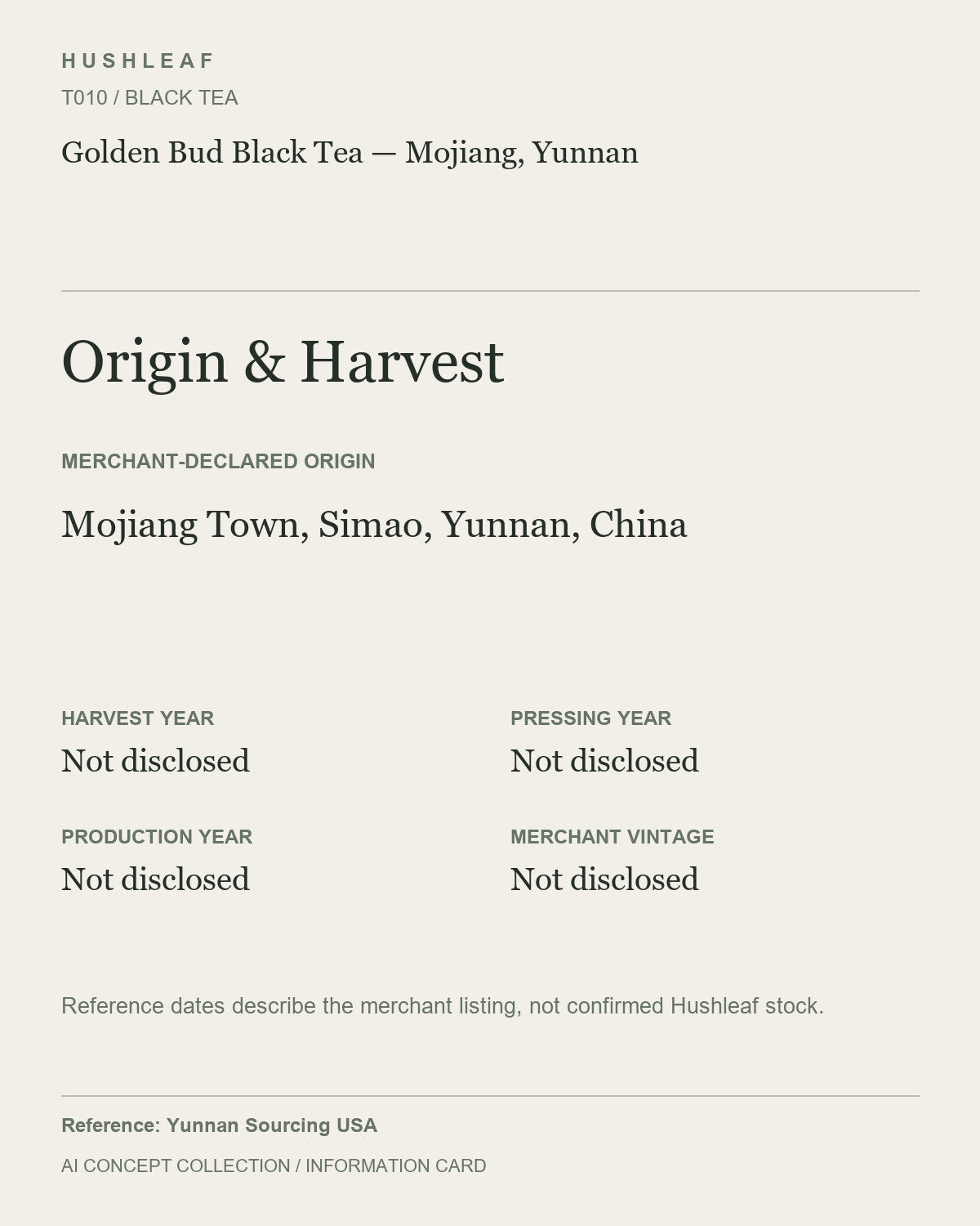 AI concept collection — origin harvest information card — Golden Bud Black Tea — Mojiang, Yunnan