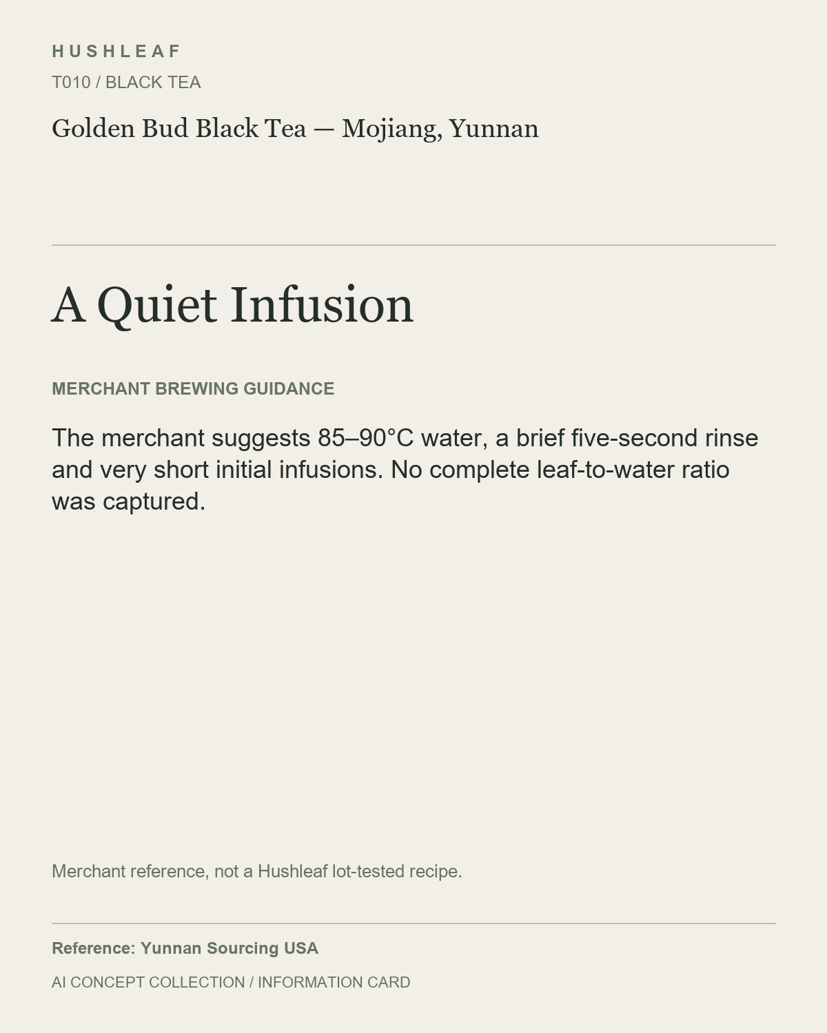AI concept collection — brewing information card — Golden Bud Black Tea — Mojiang, Yunnan