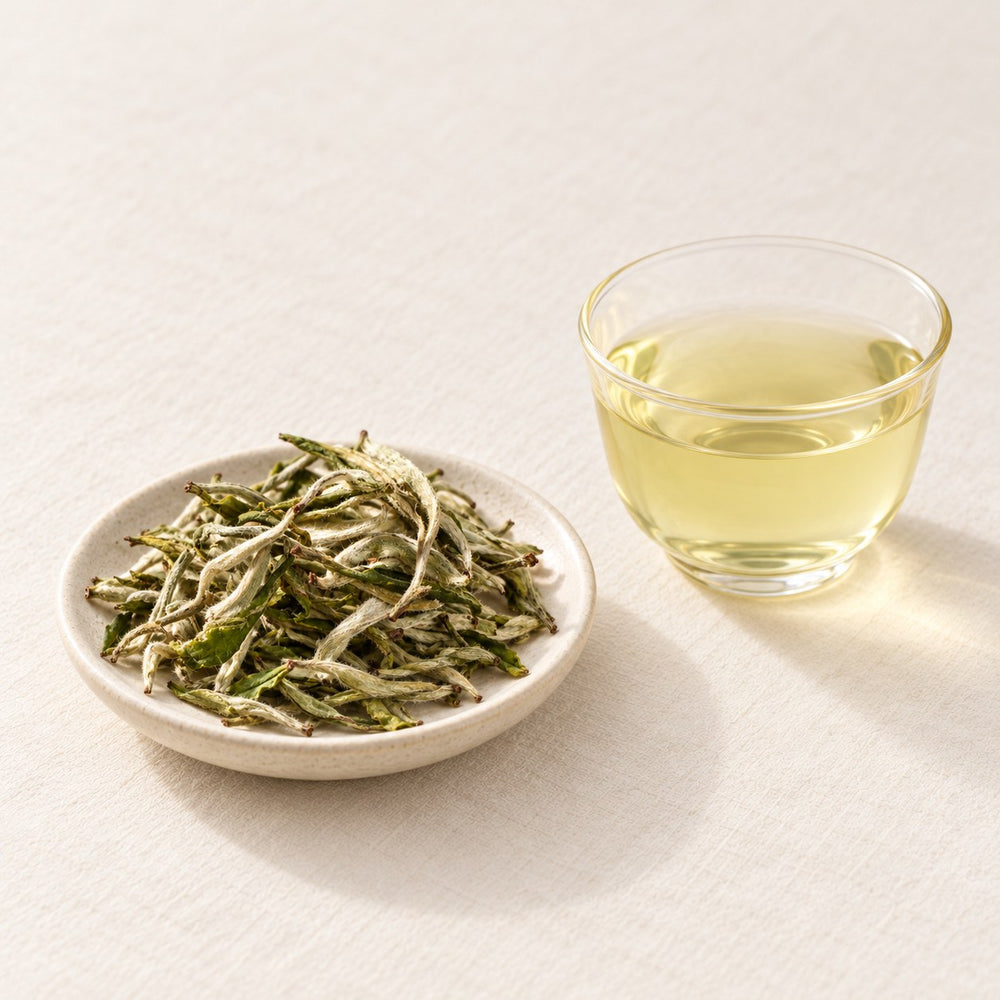 AI brewing scene concept — First-Flush Mao Feng Green Tea — Yin Pan Mountain, Yunnan