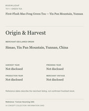 AI concept collection — origin harvest information card — First-Flush Mao Feng Green Tea — Yin Pan Mountain, Yunnan