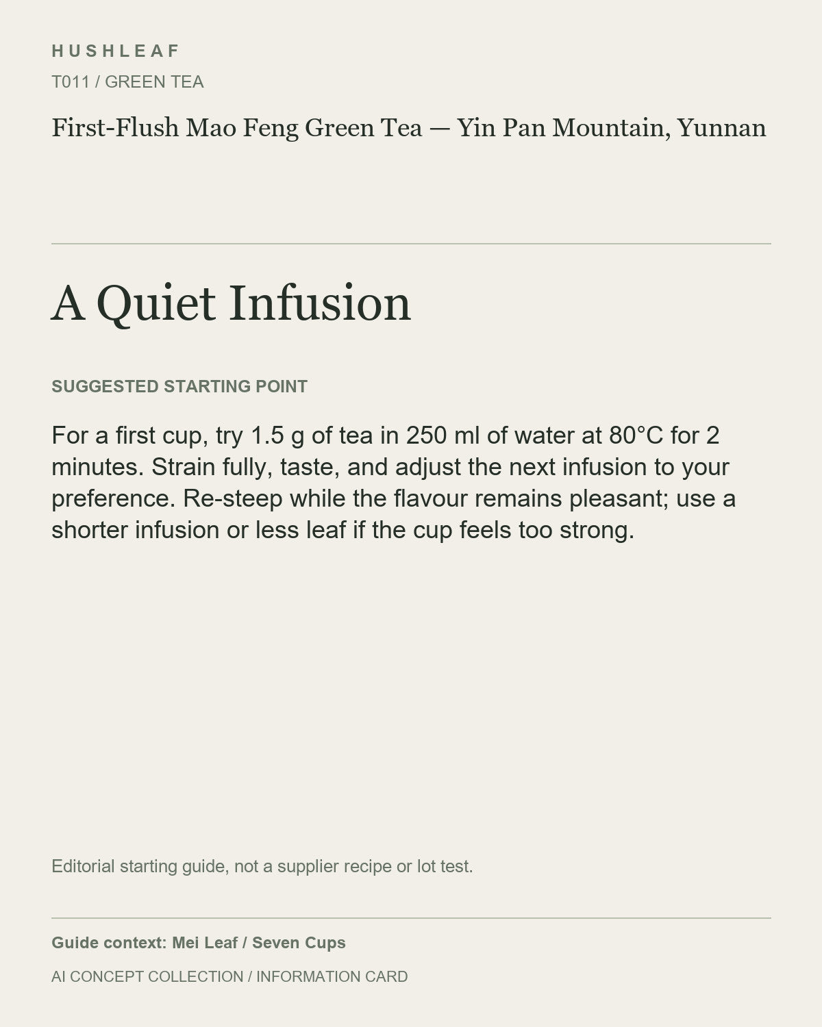 AI concept collection — brewing information card — First-Flush Mao Feng Green Tea — Yin Pan Mountain, Yunnan