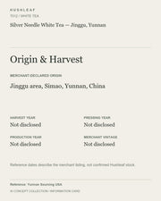 AI concept collection — origin harvest information card — Silver Needle White Tea — Jinggu, Yunnan