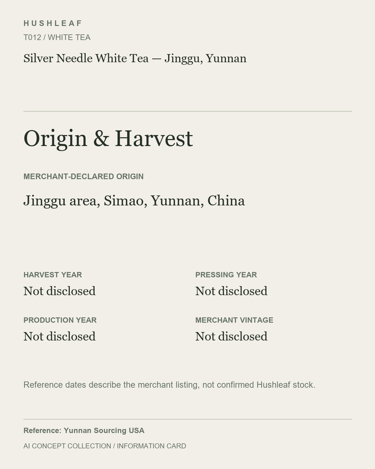 AI concept collection — origin harvest information card — Silver Needle White Tea — Jinggu, Yunnan