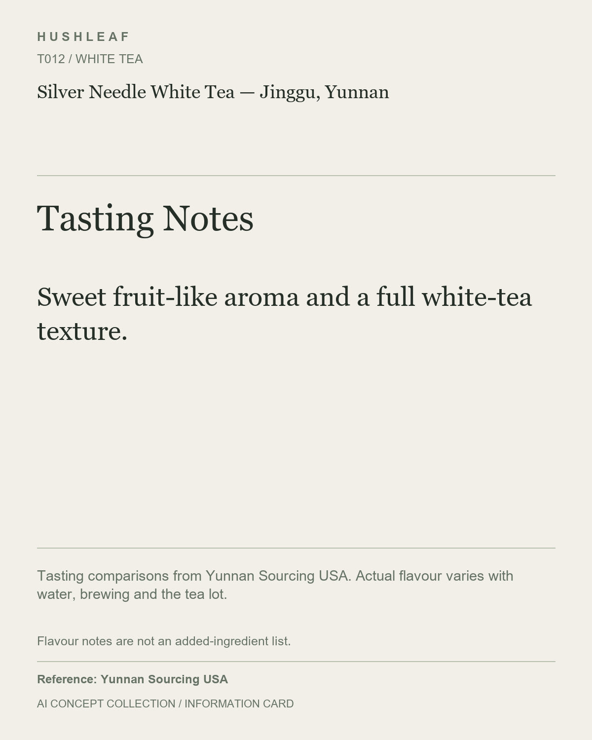 AI concept collection — tasting information card — Silver Needle White Tea — Jinggu, Yunnan