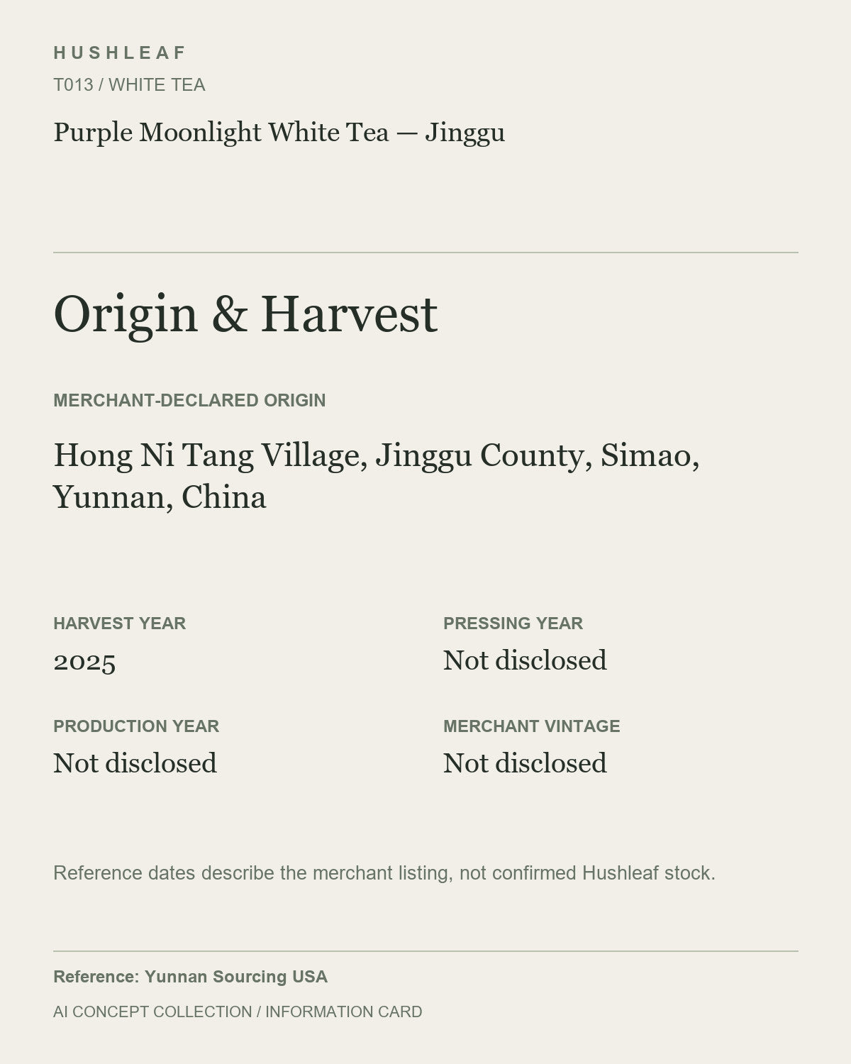 AI concept collection — origin harvest information card — Purple Moonlight White Tea — Jinggu