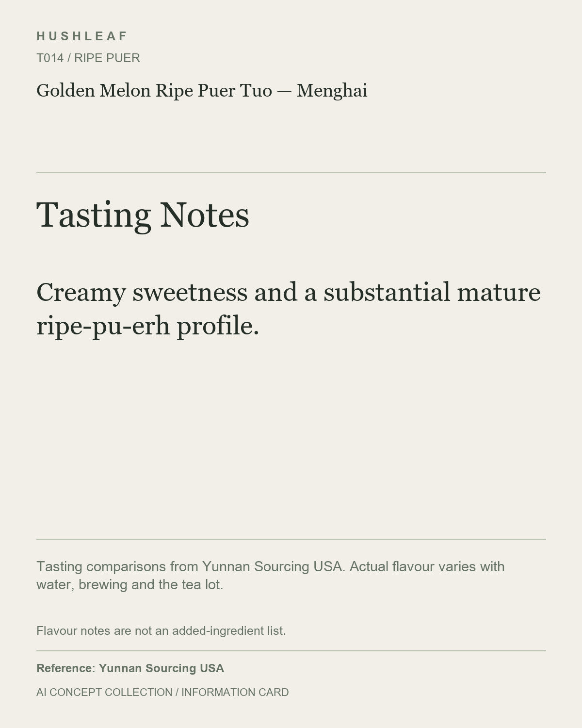 AI concept collection — tasting information card — Golden Melon Ripe Puer Tuo — Menghai