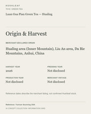 AI concept collection — origin harvest information card — Luan Gua Pian Green Tea — Hualing