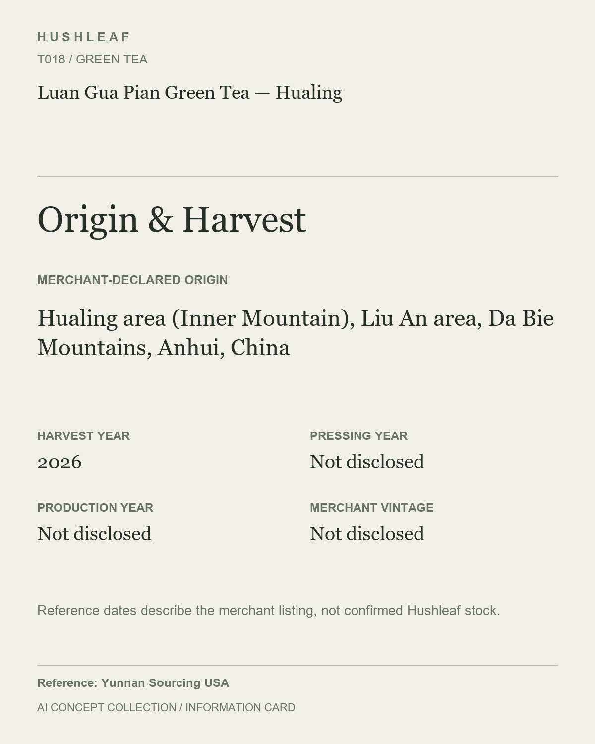 AI concept collection — origin harvest information card — Luan Gua Pian Green Tea — Hualing