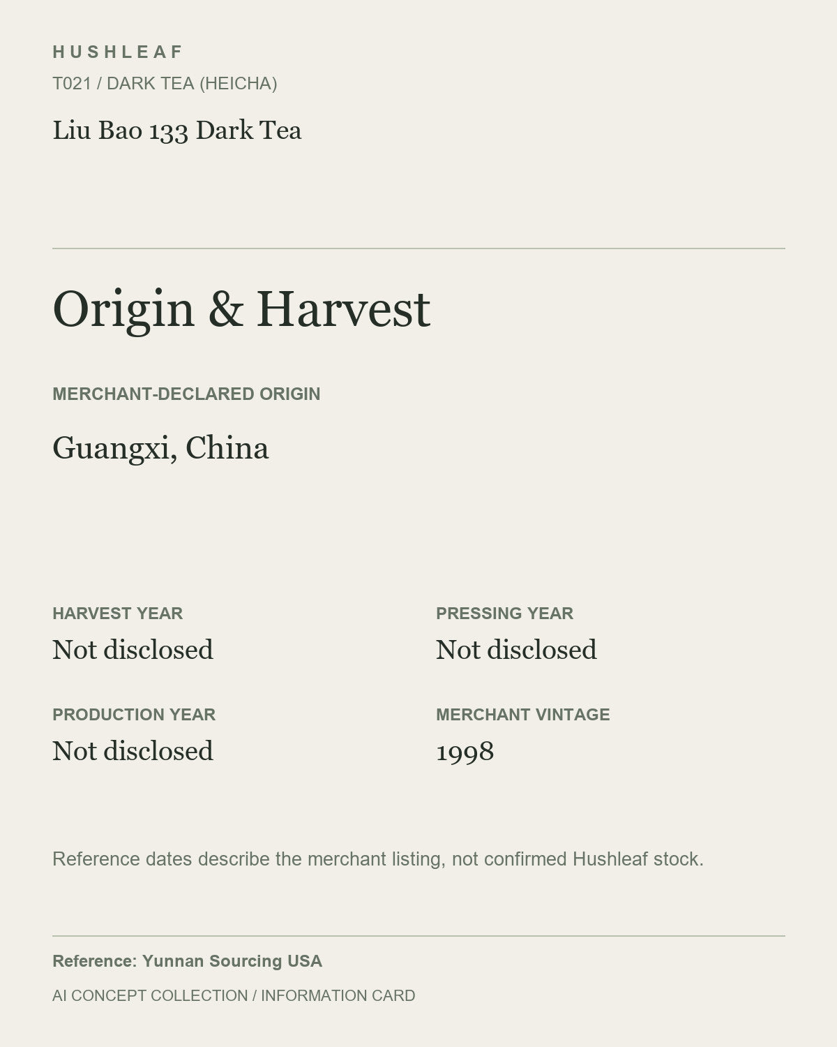 AI concept collection — origin harvest information card — Liu Bao 133 Dark Tea